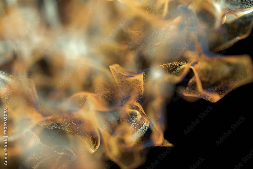 Particles moving on black background, 3d rendering.