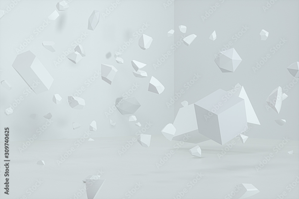 Broken geometry with white background, 3d rendering.