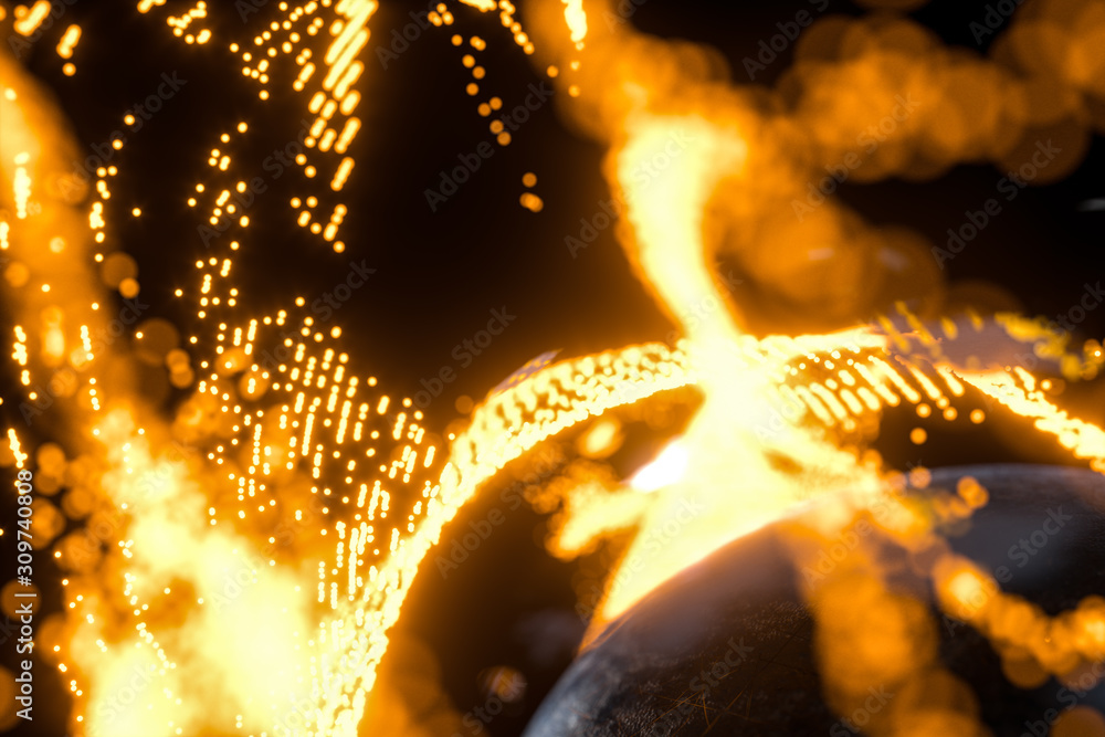 Glowing particles surrounding around the planet, 3d rendering.