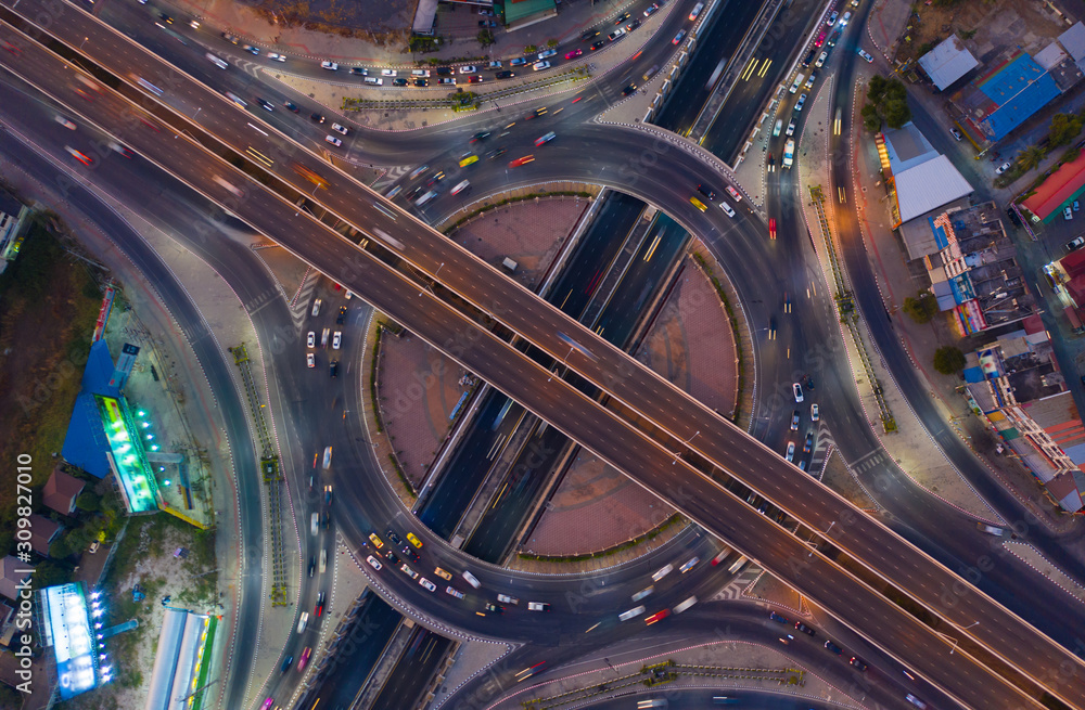 Aerial view of road junction, Intersection in thailand