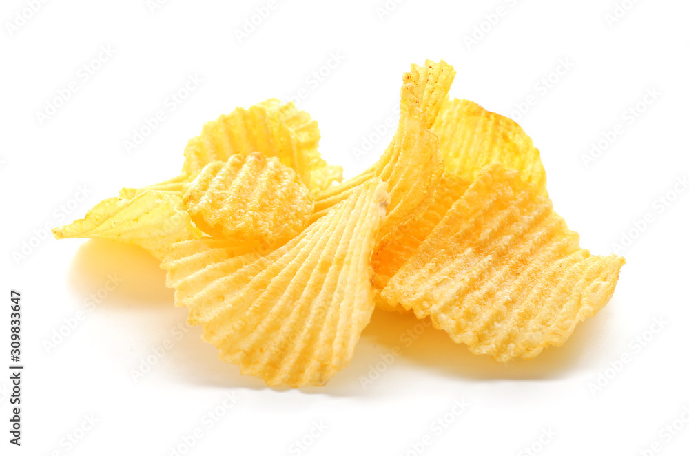 Tasty potato chips on white background