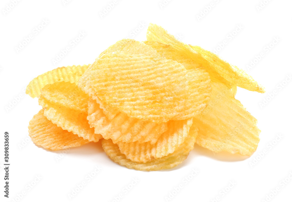 Tasty potato chips on white background