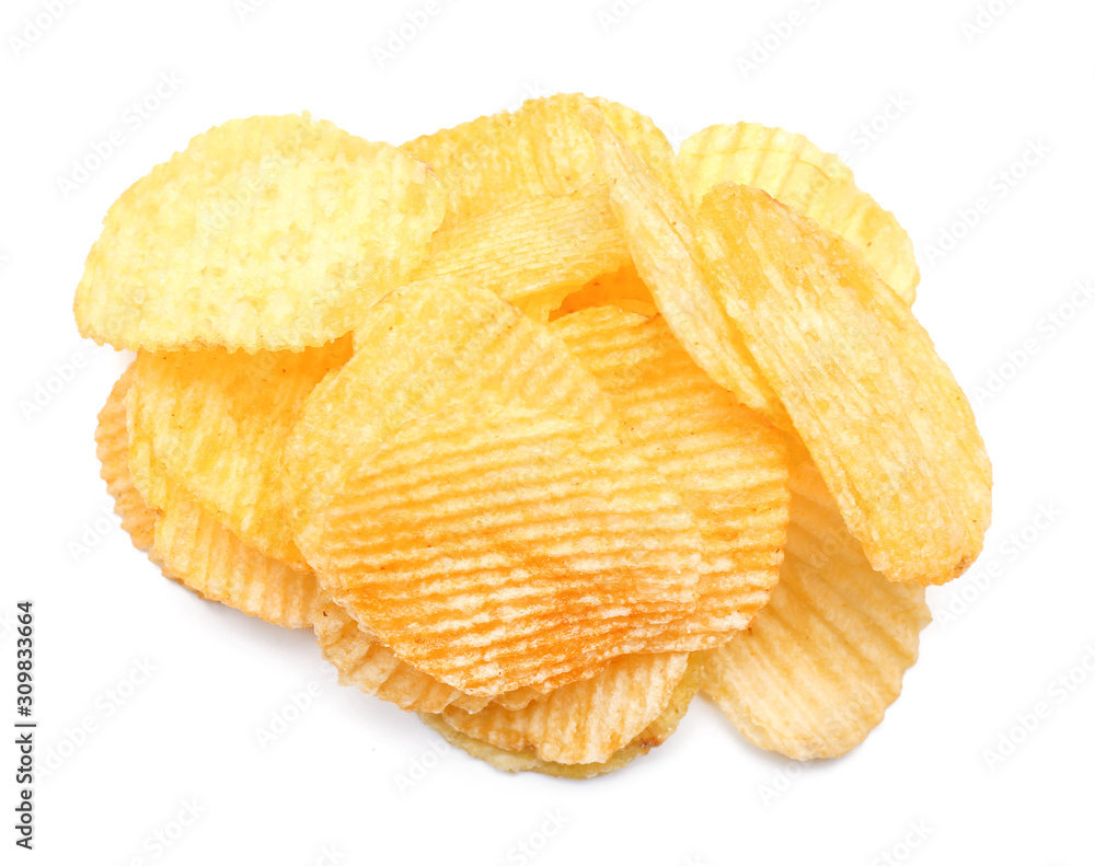 Tasty potato chips on white background