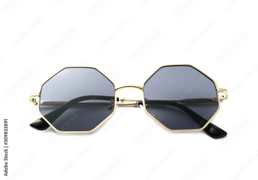 Stylish sunglasses on white background