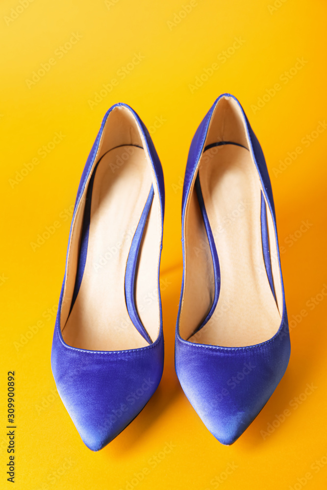 Stylish female shoes on color background