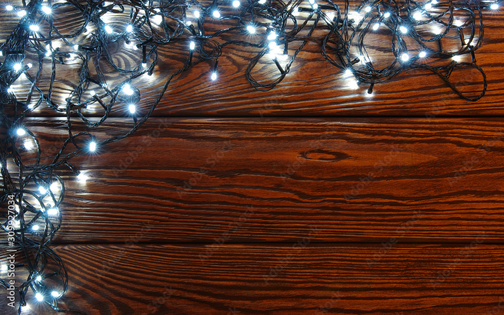 Christmas lights and vintage wood