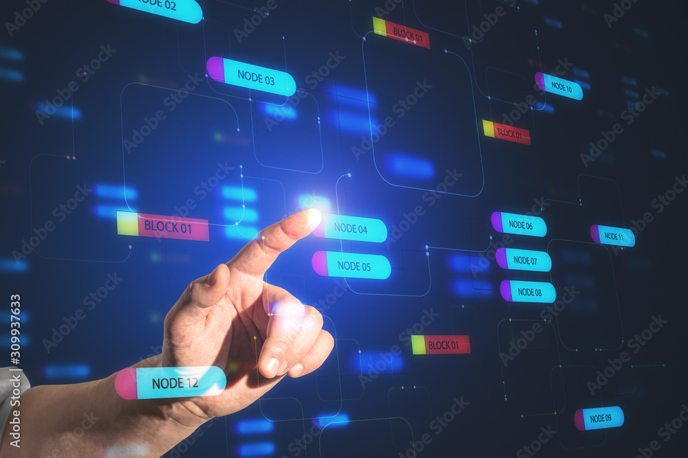 Hand pushing digital screen with node tree signs.