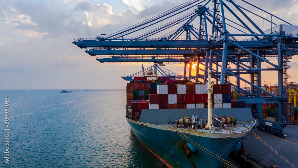 Aerial view container ship carrying container in import export business logistic and transportation 