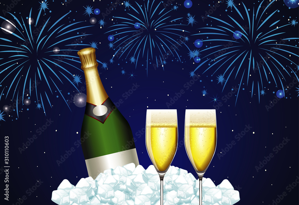 Background with two glasses of champagne and fireworks