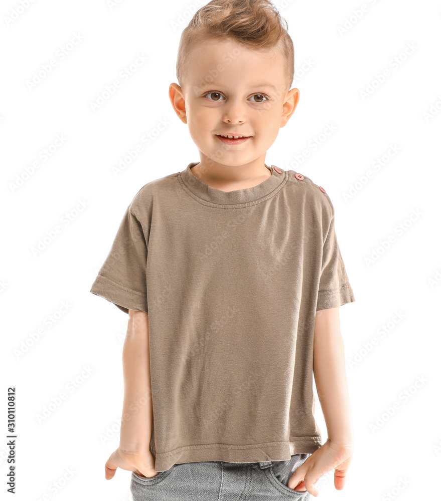 Portrait of cute little boy on white background