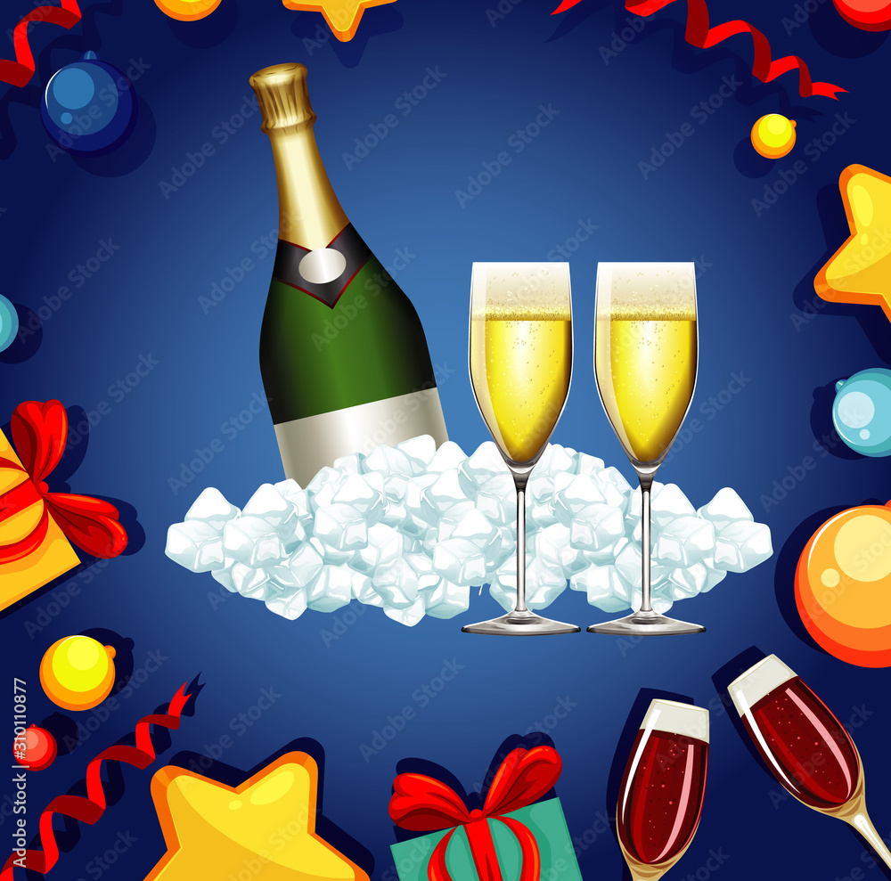 Background with two glasses of champagne and fireworks