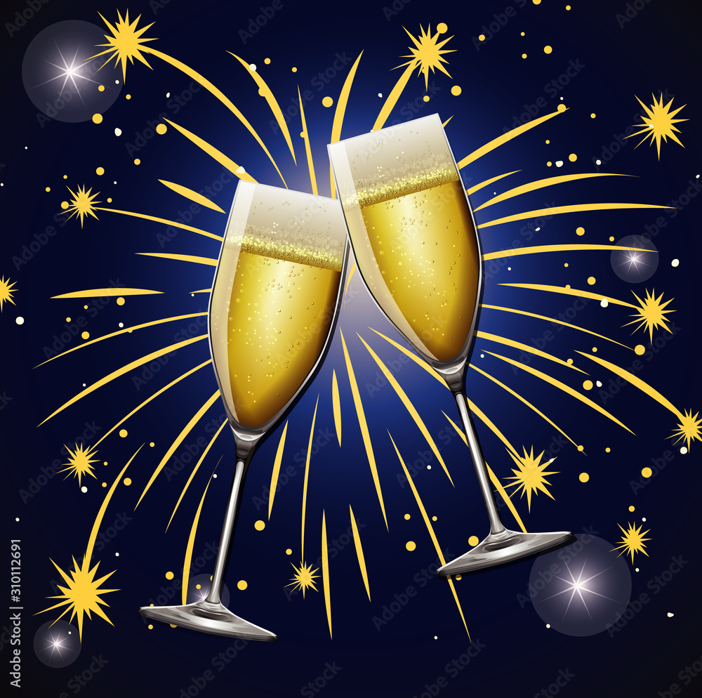 Background with two glasses of champagne and fireworks