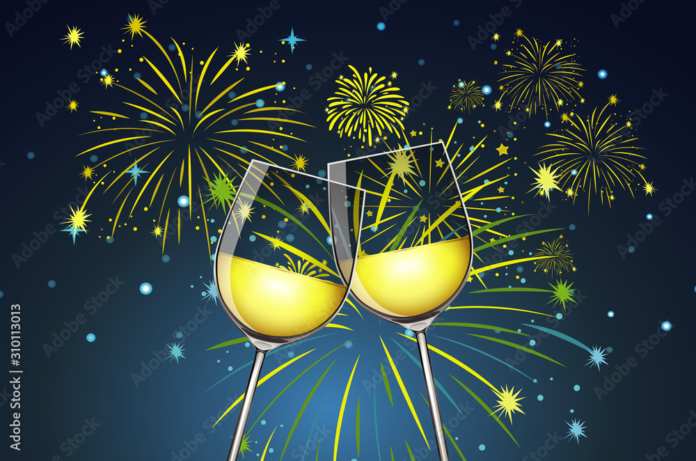 Background with two glasses of champagne and fireworks