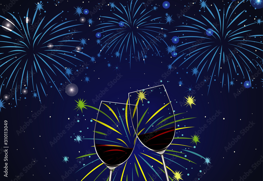 Background with two glasses of champagne and fireworks