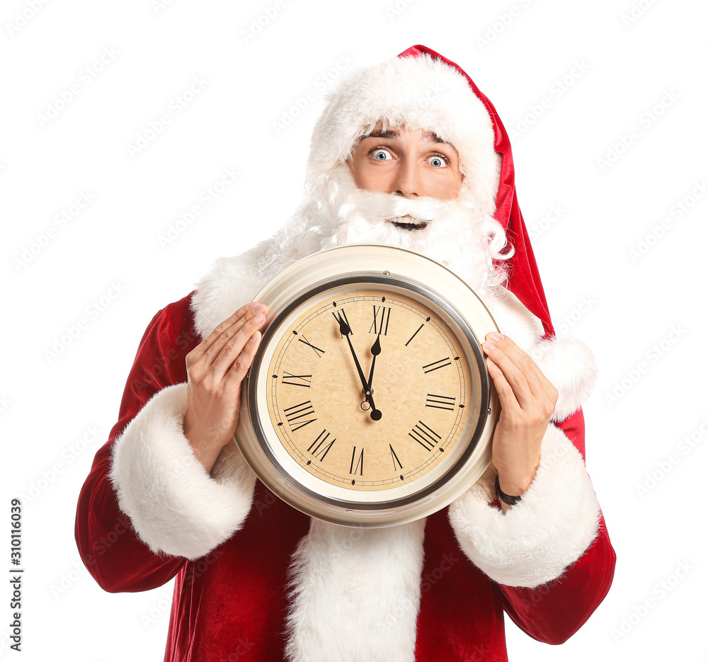 Surprised Santa with clock on white background. Christmas countdown concept