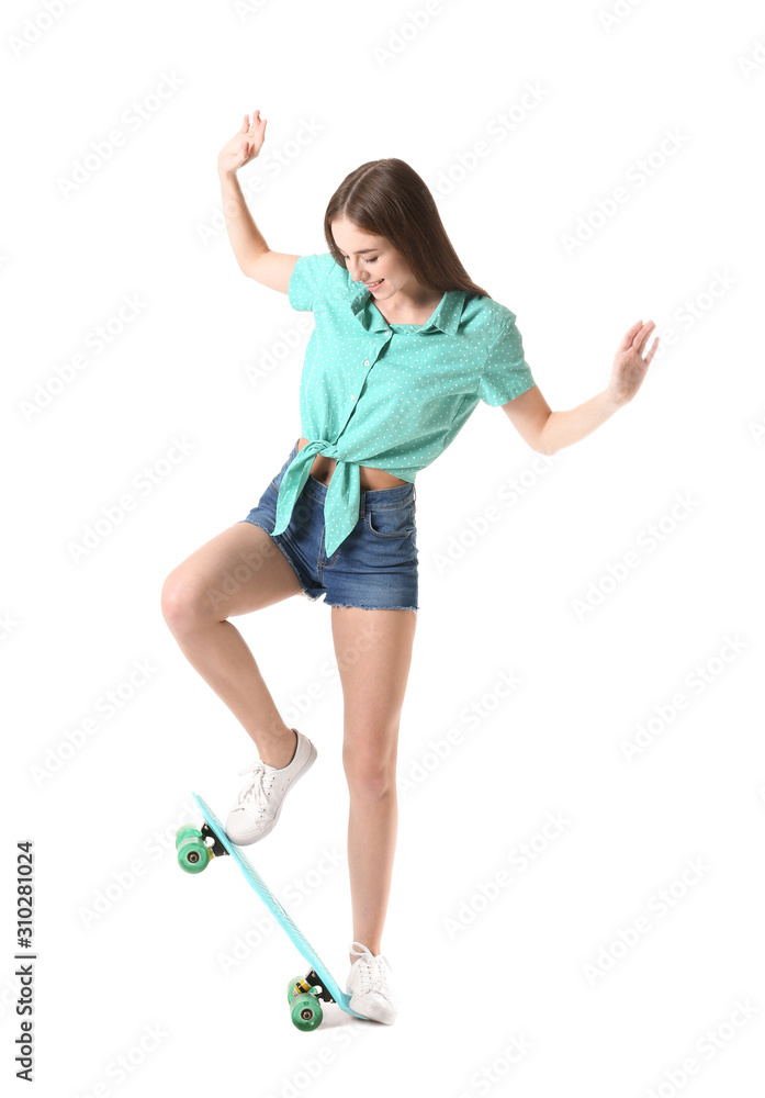 Stylish hipster girl with skateboard on white background