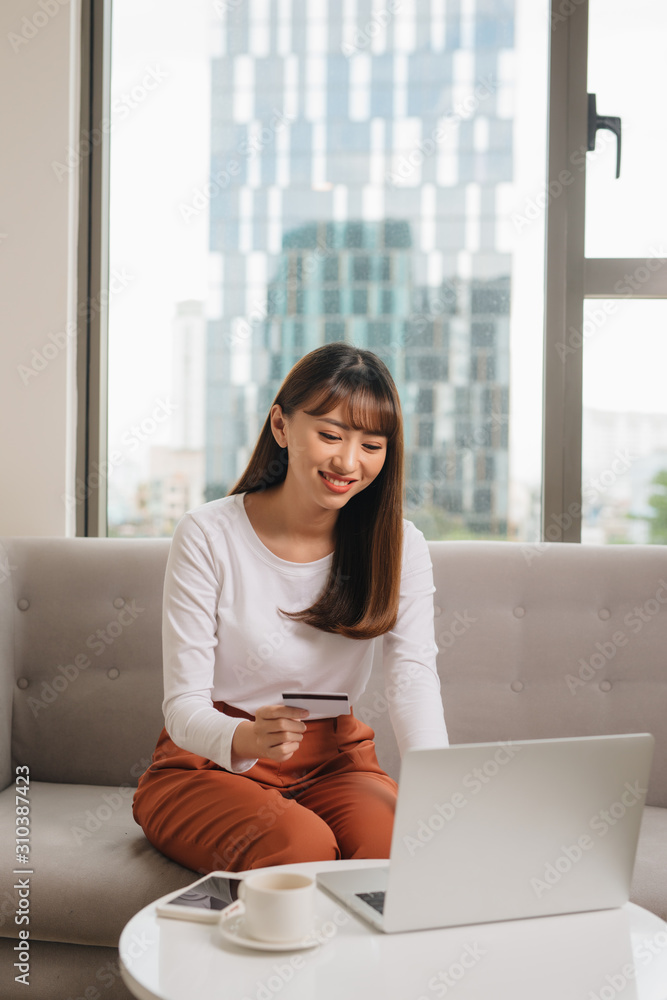 年轻女子在阁楼公寓使用笔记本电脑使用信用卡