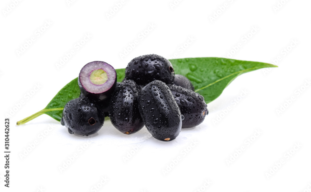 Jambolan plum, Java plum with drops of water on white background