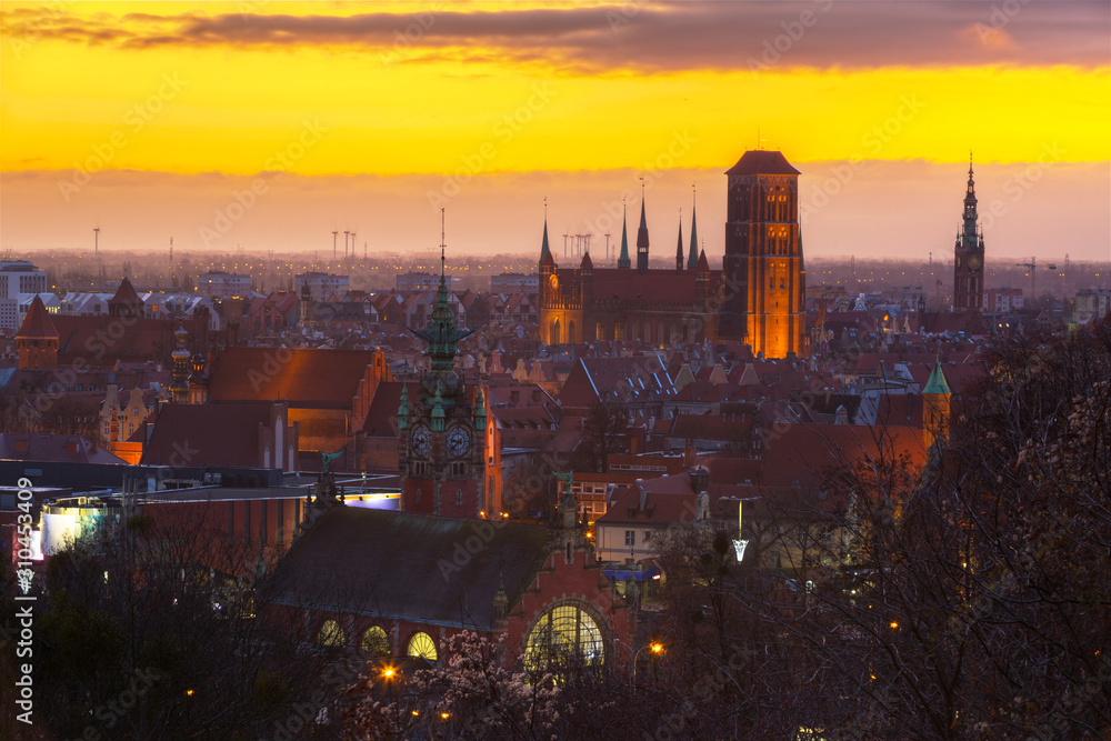 Beautiful cityscape of Gdansk with old town at dawn, Poland.