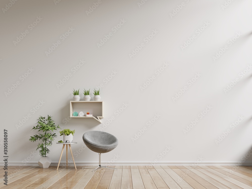 The interior has a armchair on empty white wall background.