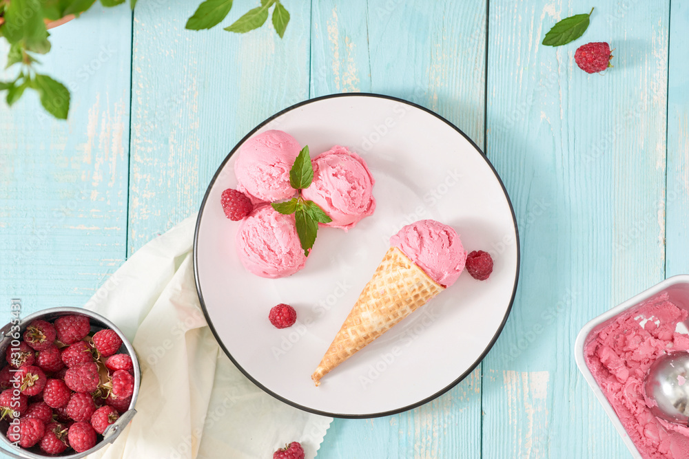 Delicious ice cream cone on a dish