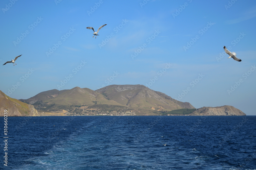 Seascape from turkish aegean island Gokceada made from the ship