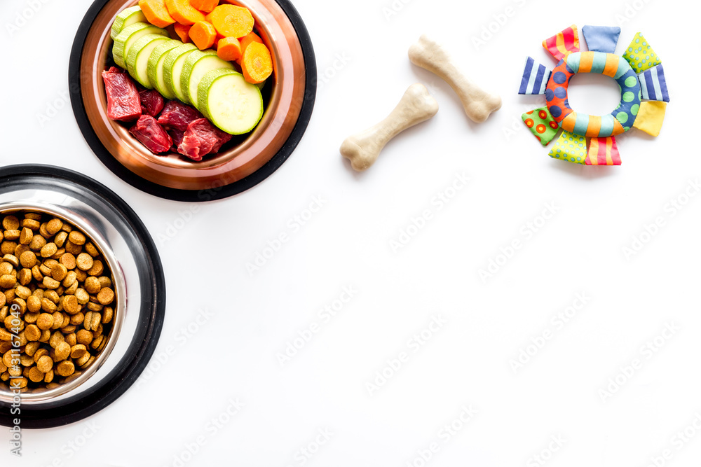 Dog feed - dry food and raw meat - near toy and cheving bones on white background top view copy spac