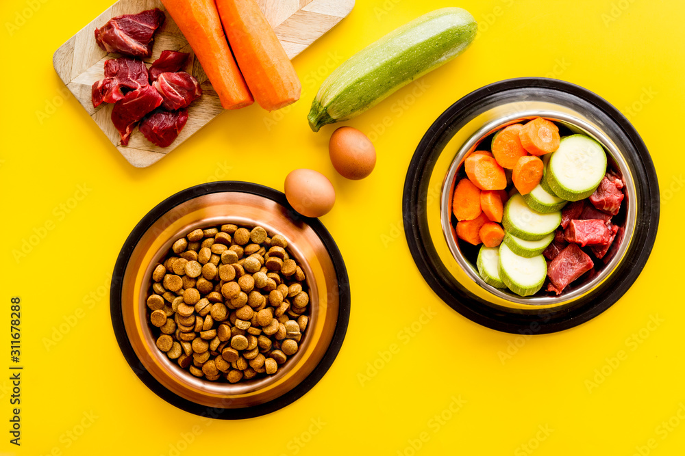 Pet feed ingredients. Raw meat and fresh vegetables near bowl with dry feed on yellow background top