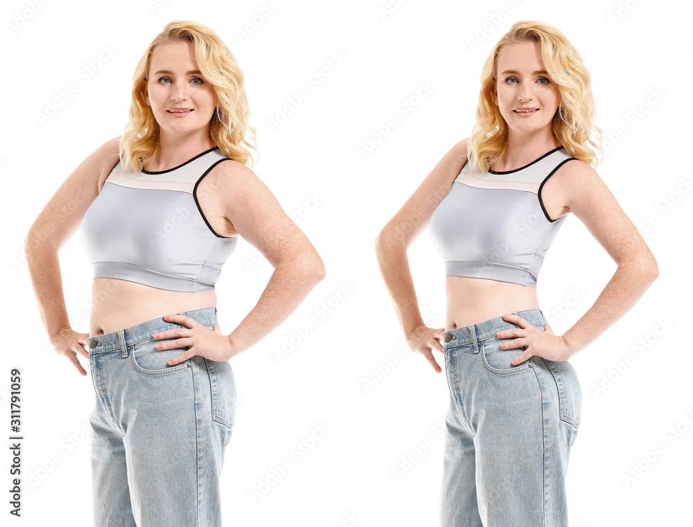 Mature body positive woman on white background