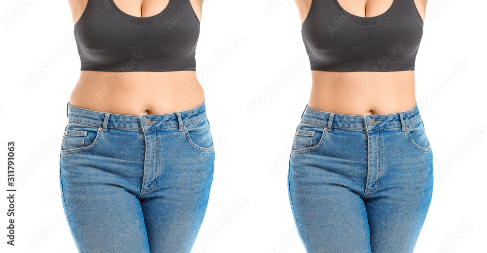 Young body positive woman on white background