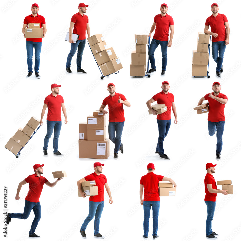 Set of delivery man with boxes on white background