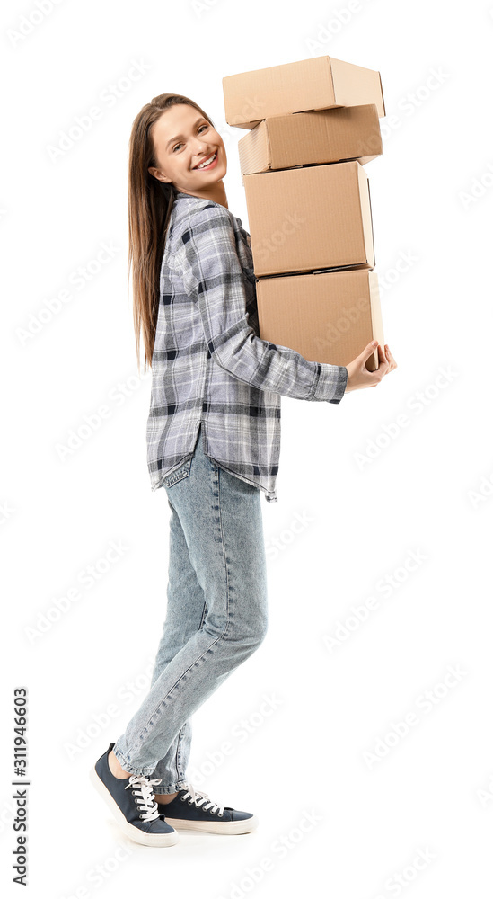 Young woman with moving boxes on white background