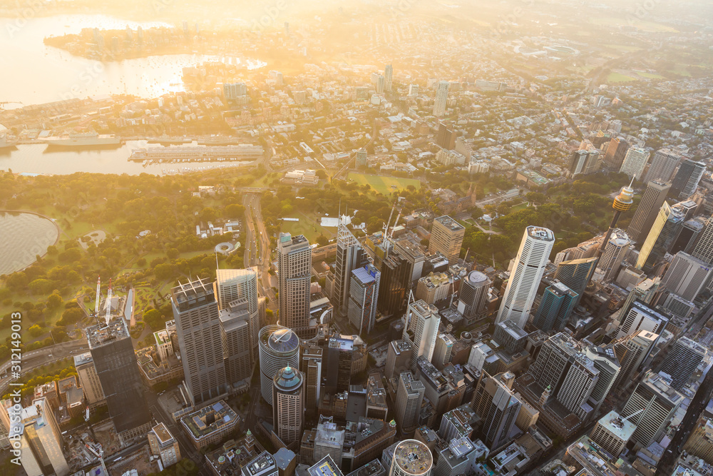 Sydney Harbour city scape central business district from air