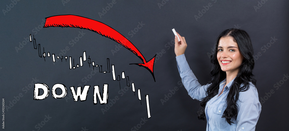 Market down trend chart with young woman writing on a blackboard