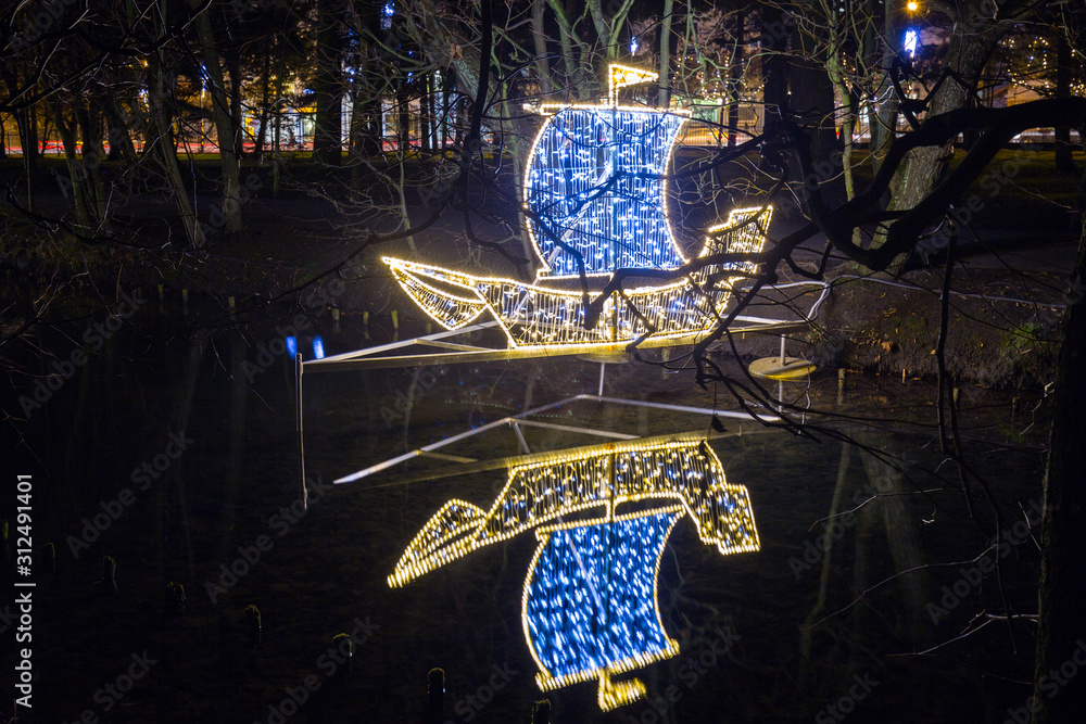 Christmas illumination at city park of Gdansk, Poland