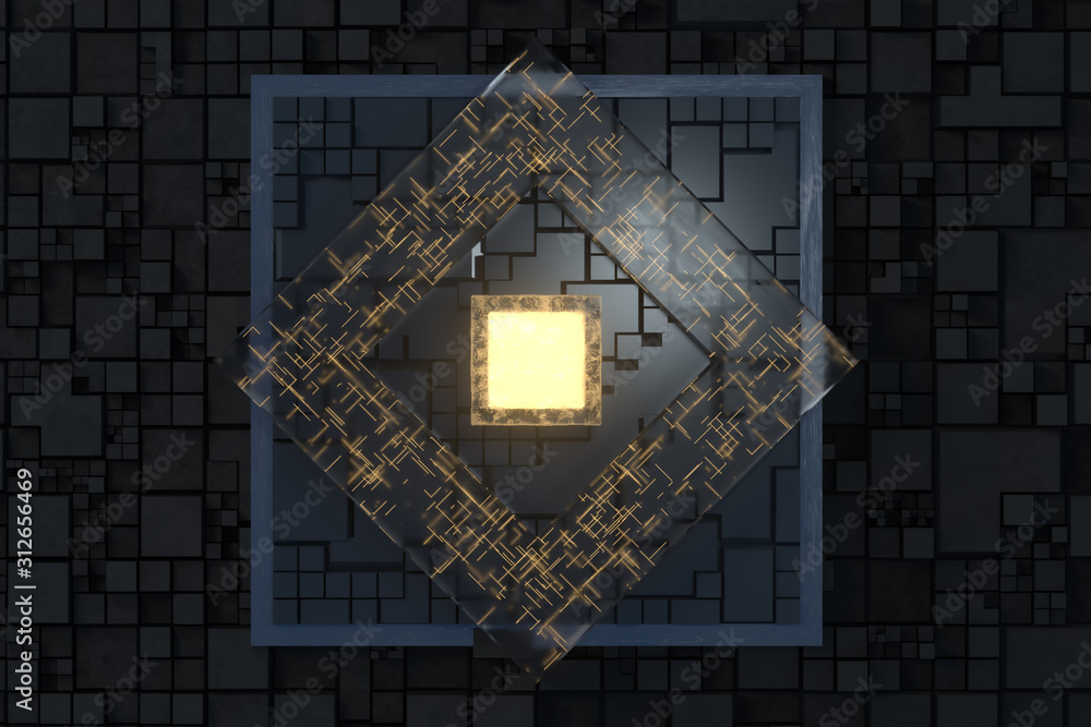 Luminous cube and circuits, black cubes, 3d rendering.