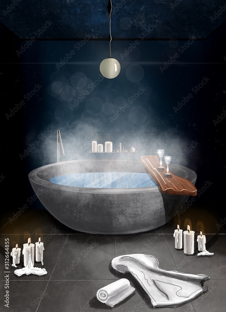 Intreior color sketch of a bathrrom with a ful steaming bath, towels and candles on the blue wall ba