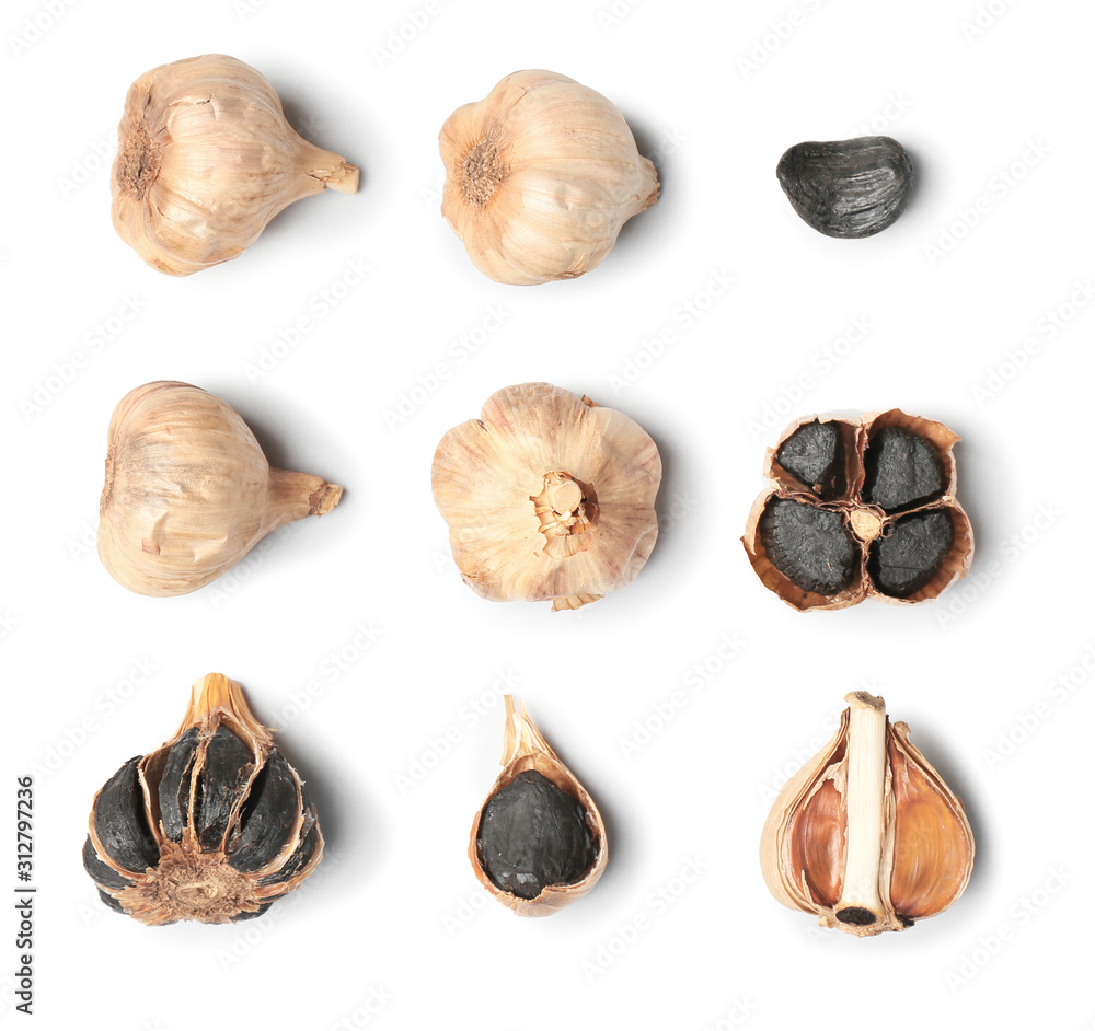 Black garlic on white background