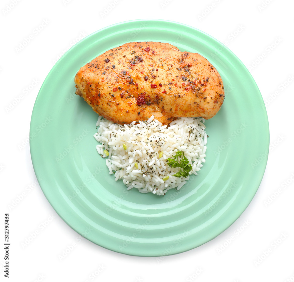 Plate with tasty rice and chicken on white background