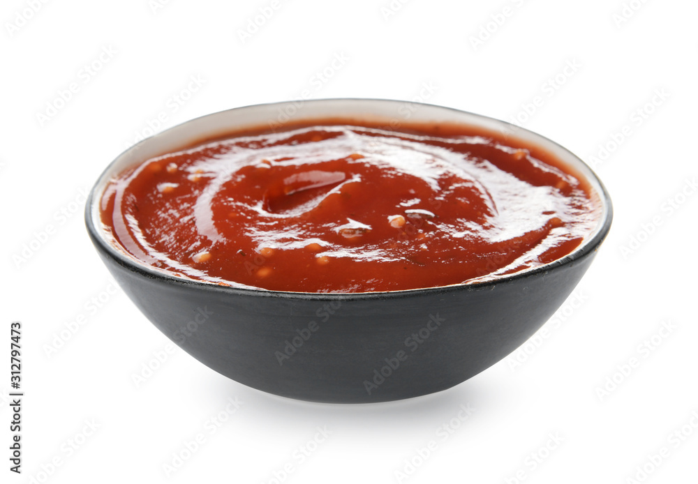 Bowl with tasty barbecue sauce on white background