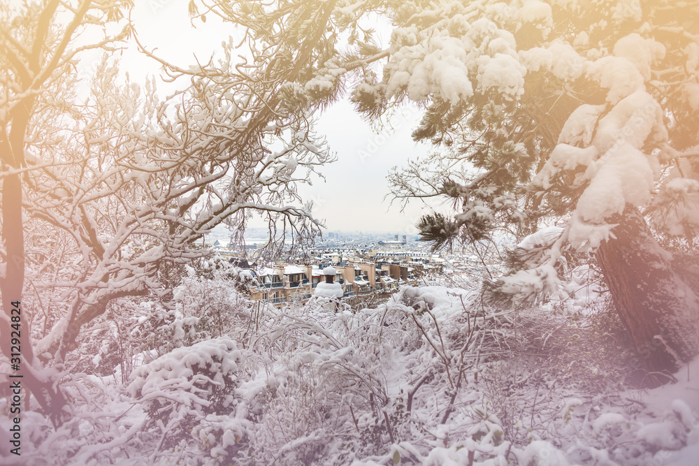 从巴黎蒙马特公园看雪