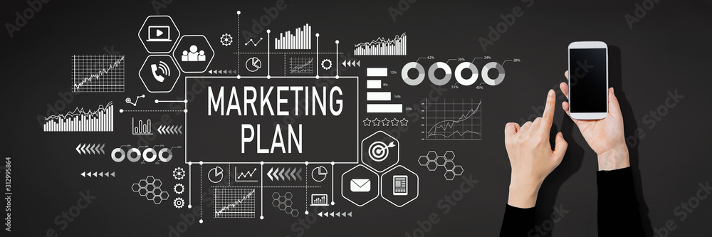 Marketing plan with person using a white smartphone