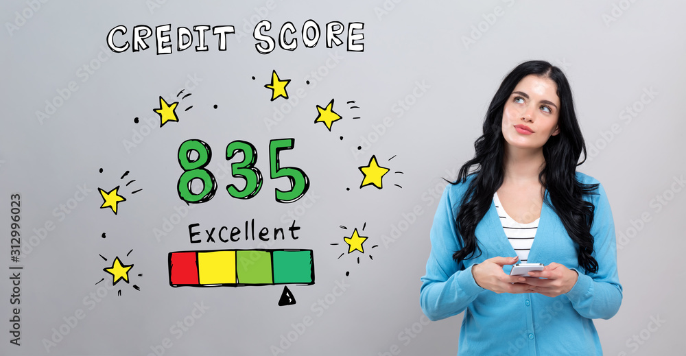 Excellent credit score theme with thoughtful young woman holding a smartphone