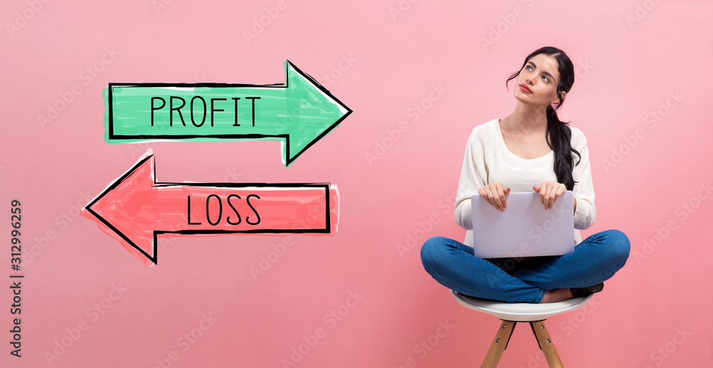 Profit or loss with young woman using a laptop computer