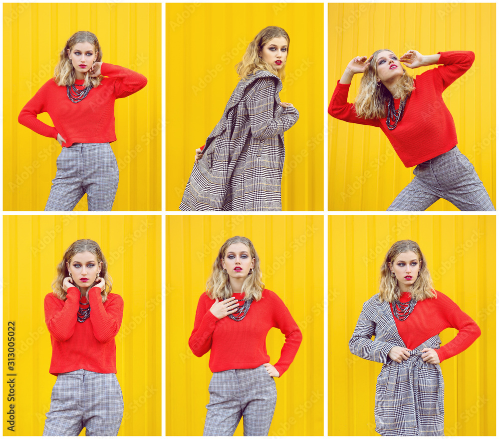 Set of fashionable young woman on color background