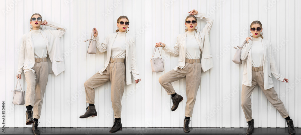 Set of fashionable young woman on light background