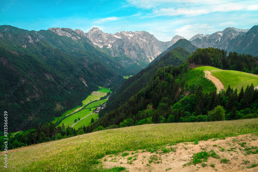 斯洛维尼亚索尔卡瓦全景公路上的Logarska Dolina山谷景色