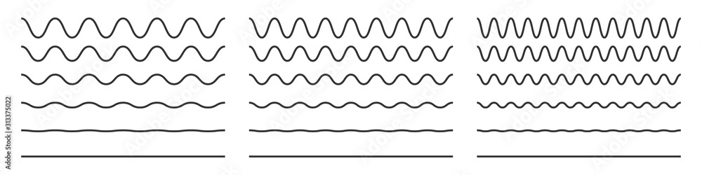 波浪线和波浪之字形图案线。矢量黑色下划线，平滑的水平曲线