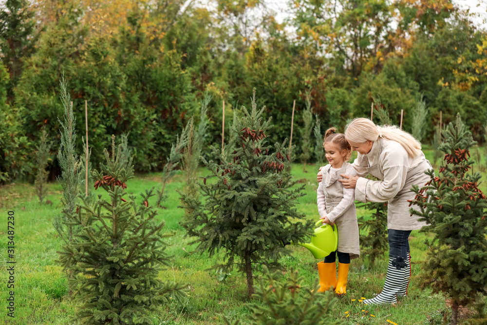 Cute little girl with grandmother working in garden