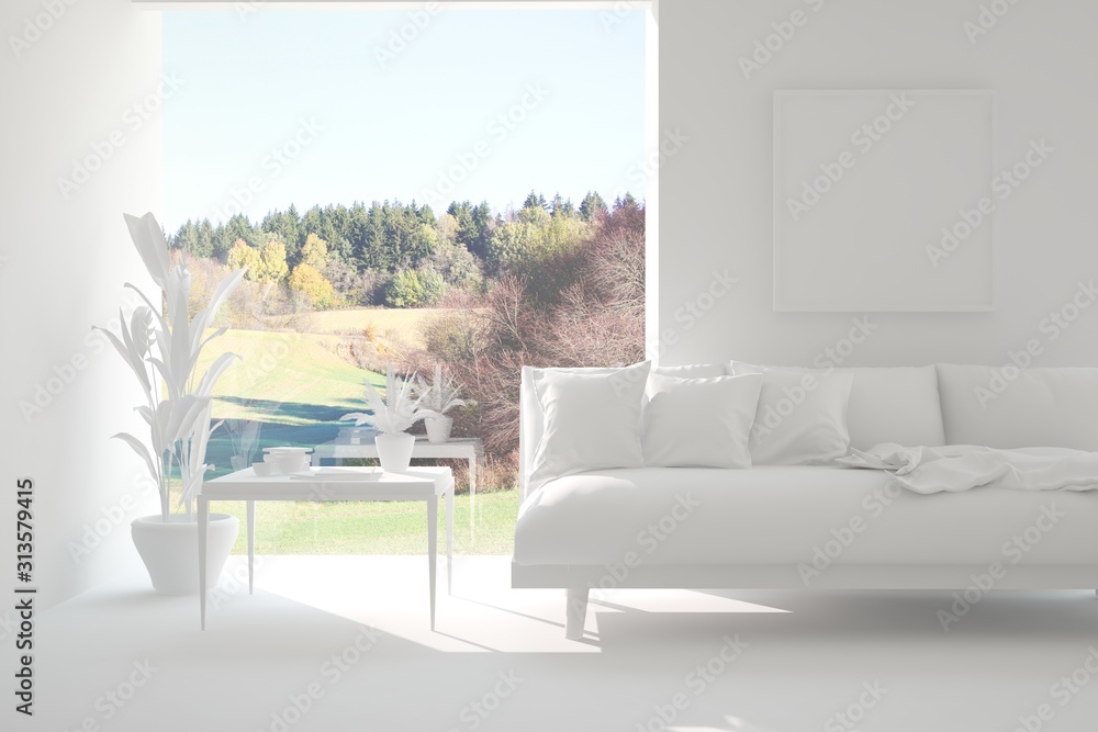 Stylish room in white color with sofa and autumn landscape in window. Scandinavian interior design. 